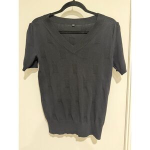 Arach&Cloz Black Short Sleeve V-Neck Textured Geometric Knit Sweater Top Size S